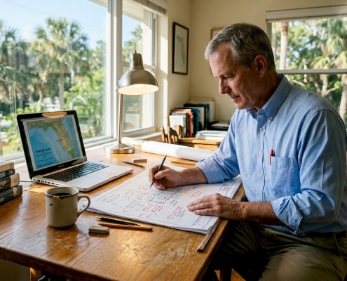 Architect reviewing Florida building plans