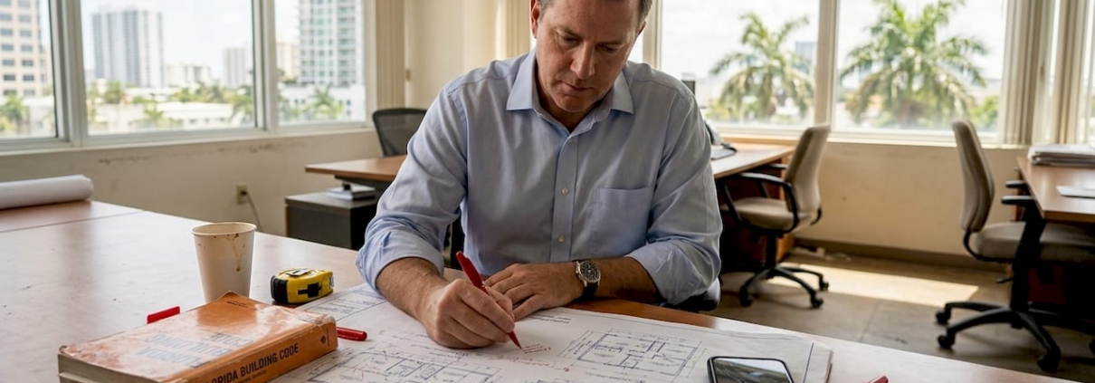 Engineer reviewing building blueprints in project office