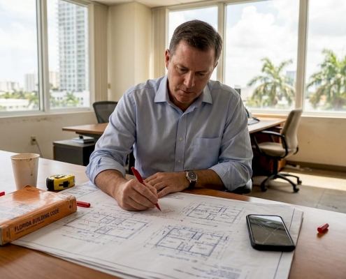Engineer reviewing building blueprints in project office