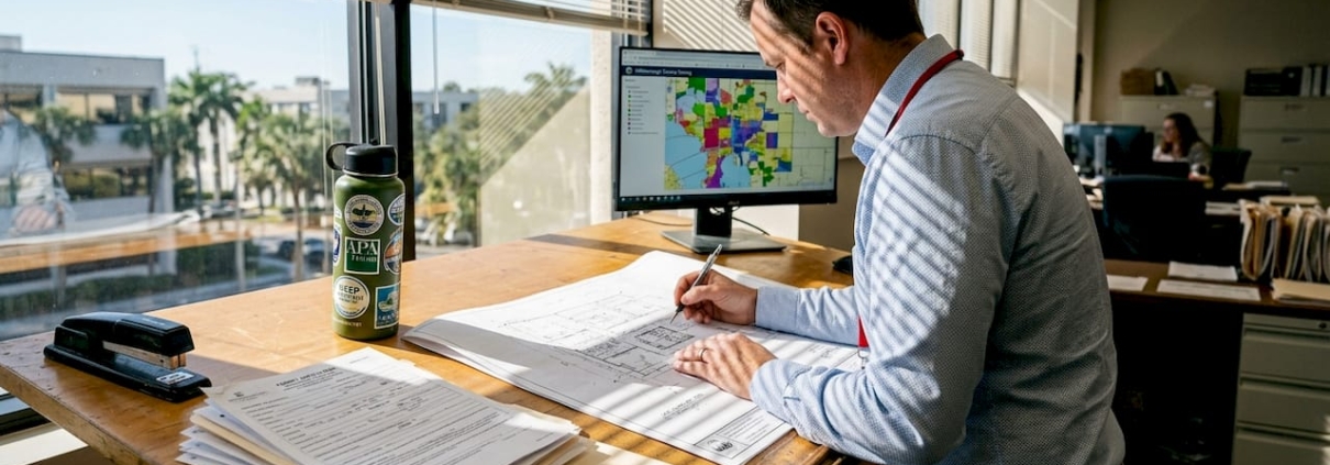 Planner marking Florida site plan at drafting table