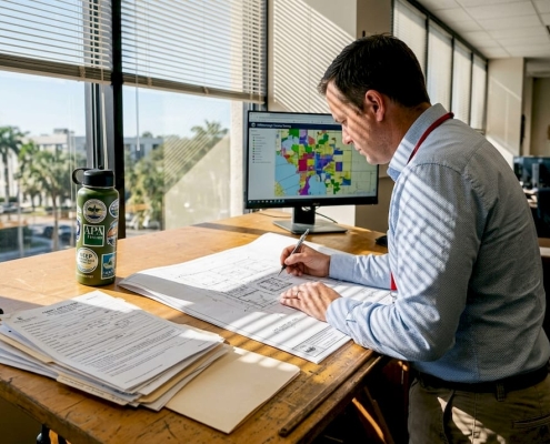 Planner marking Florida site plan at drafting table