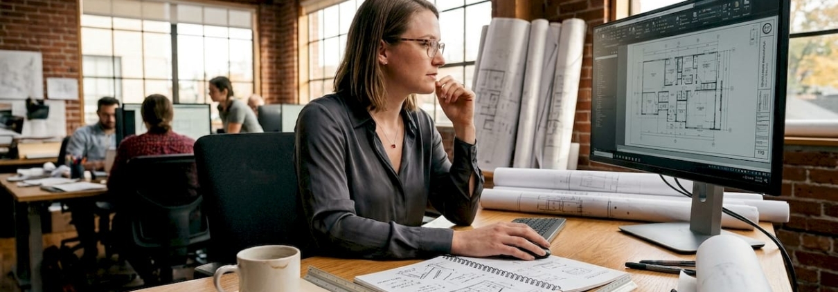 Architect using blueprint software at desk