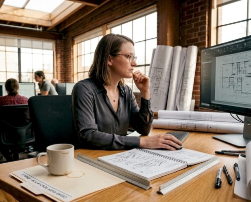 Architect using blueprint software at desk
