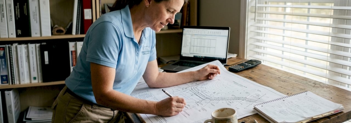 Engineer reviewing drainage plans at desk