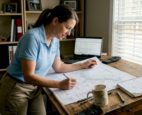 Engineer reviewing drainage plans at desk