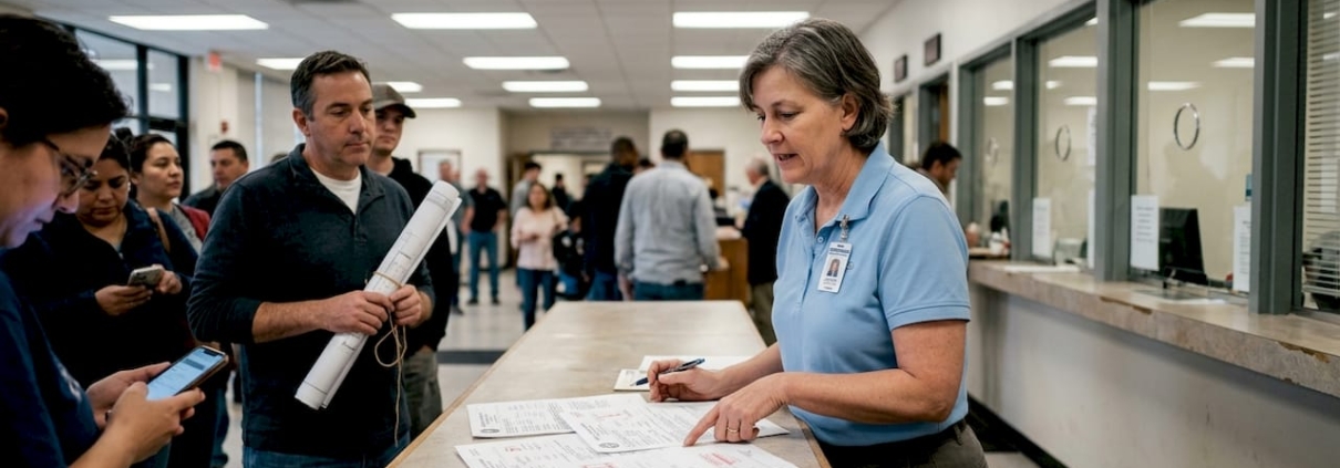 Permitting clerk reviewing building permit paperwork
