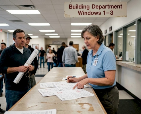 Permitting clerk reviewing building permit paperwork